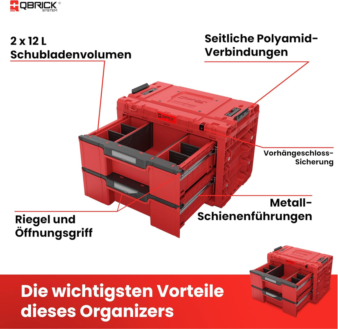 Qbrick System Werkzeugkoffer Sortierbox Leer - 2 Schubladen - Werkzeugkiste - 542 x 335 x 369 mm Rot