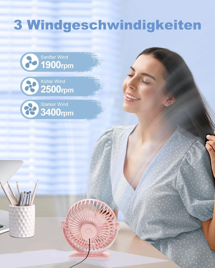 TriPole Mini Ventilator mit 3 Gang, USB Tischventilator Leistungsstark, 360° Neigung, Tragbar für Bü