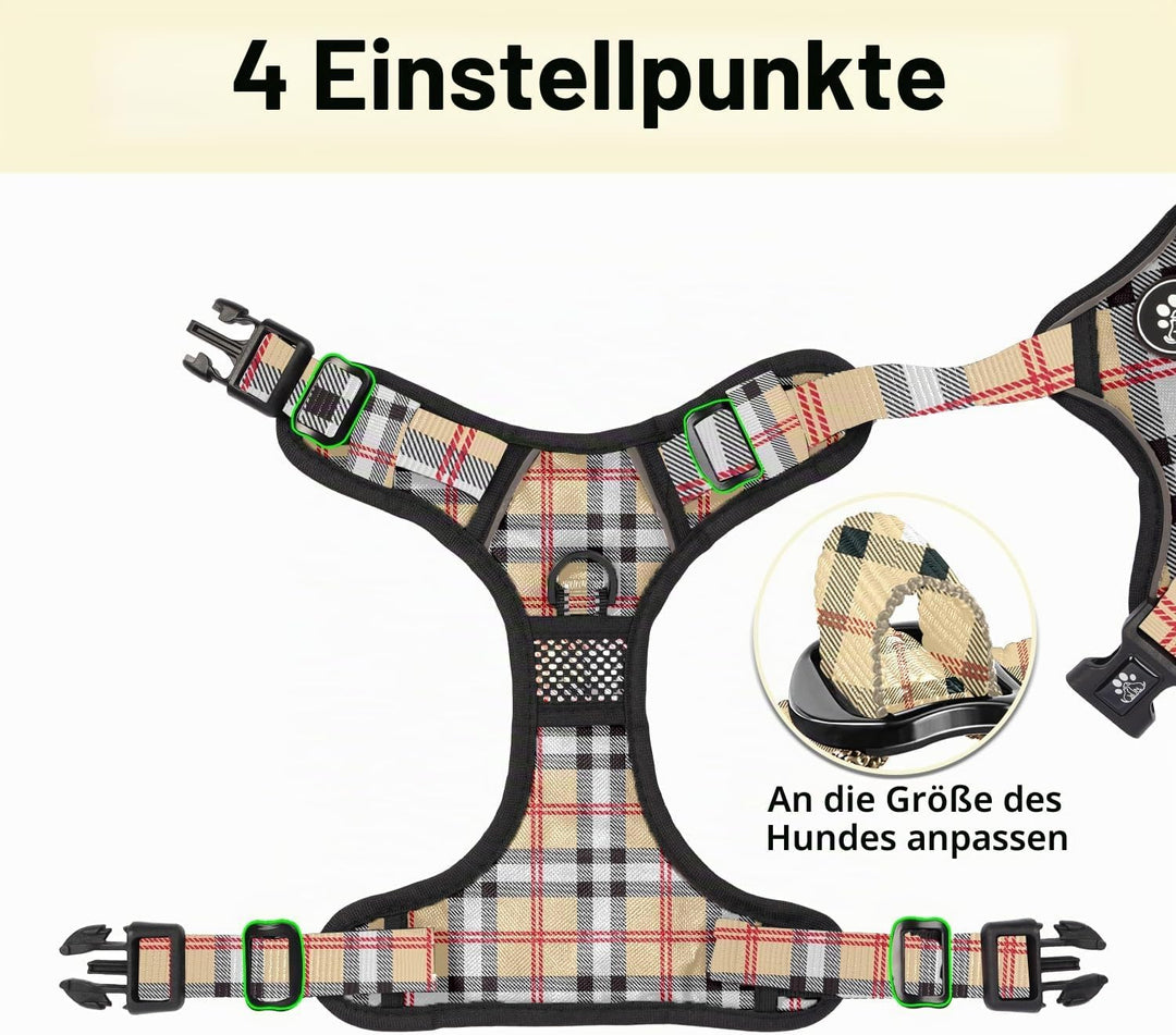 NESTROAD Hundegeschirr Grosse Hunde Leine Geschirrset Kariert Beige, Grösse L für Hunde Grosse mit H