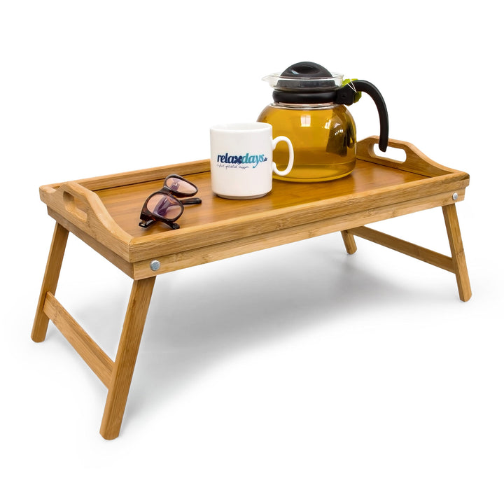 Relaxdays 2 x Betttablett klappbar, Essenstablett mit Füssen, Frühstück im Bett, Bambus & MDF, HxBxT