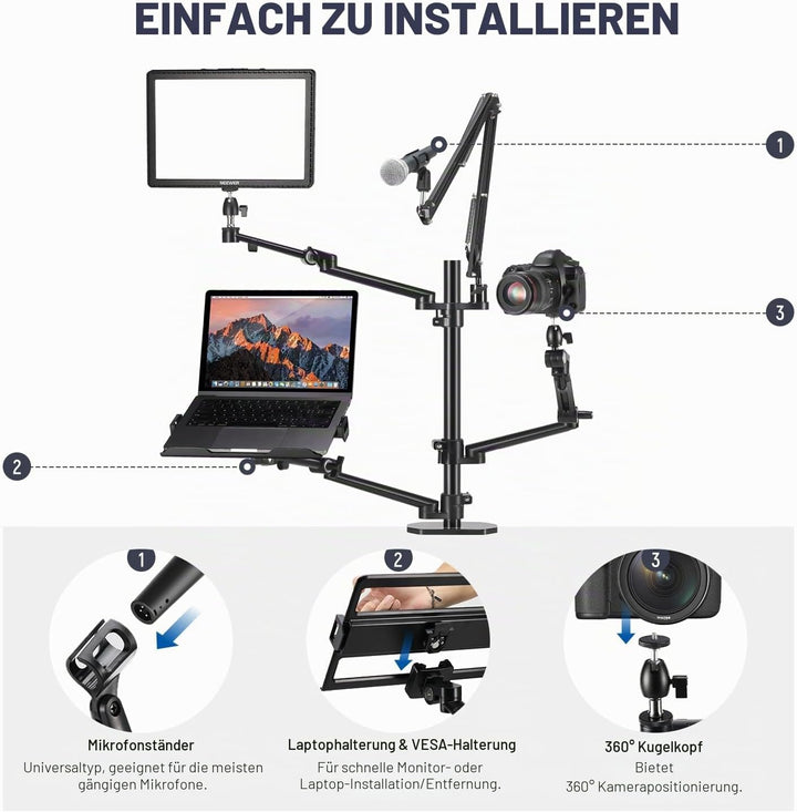 NEEWER Überkopf Kamerastativ Tischhalterung Rig mit 4 Boom Arm für Fotografie Video Licht Ring Licht