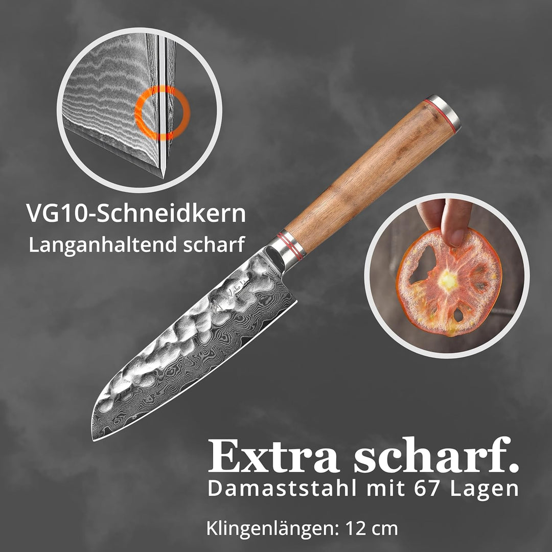 Wakoli Nussbaum Damastmesser kleines Santokumesser extrem scharfe 12cm Klinge aus 67 Lagen I Damast