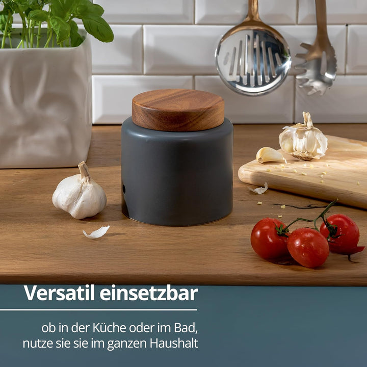 KHG Knoblauchdose 13,5cm x 13cm, Keramik Steingut in Anthrazit Grau mit Holz-Deckel aus Bambus, rund