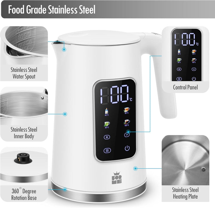 ForMe Edelstahl Wasserkocher 1,7 L mit Temperatureinstellung Temperaturwahl 40-100°C I LED Digitale