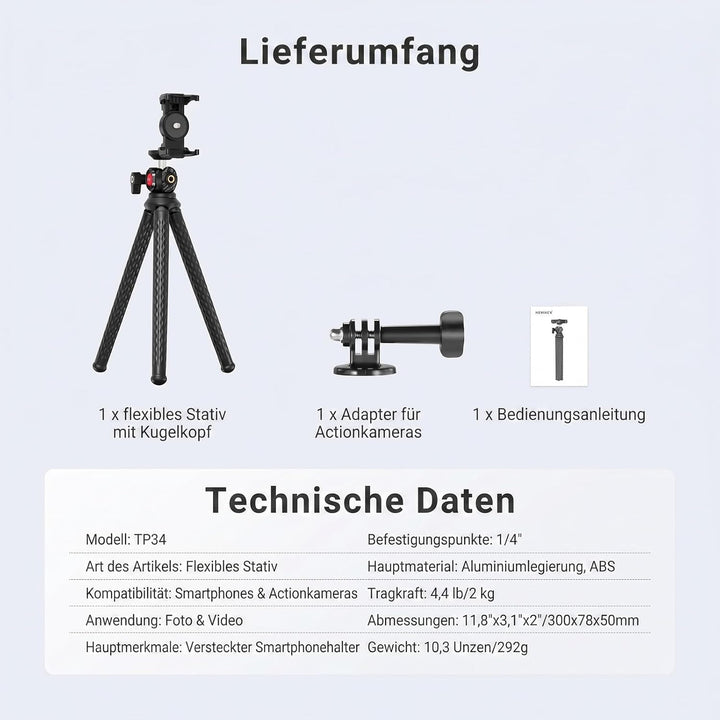 NEEWER Flexibles Handy Stativ, Kleiner Mini Kamera Webcam Tischständer, versteckter Handyhalter und