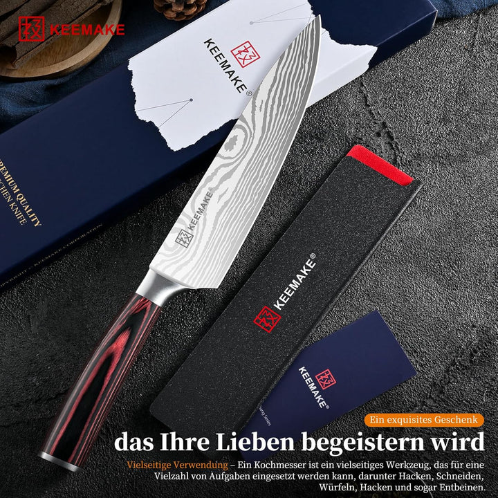KEEMAKE Küchenmesser Kochmesser 20cm, Profi Messer Küche aus Edelstahl mit Klingenschutz, Scharf Fle