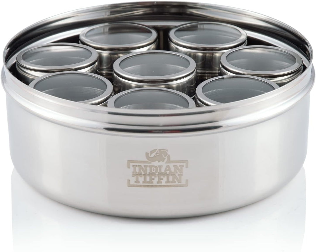 Indian-Tiffin Masala Dabba Luftdichter Gewürzbehälter - Lebensmittelqualität aus Edelstahl - mit Gew