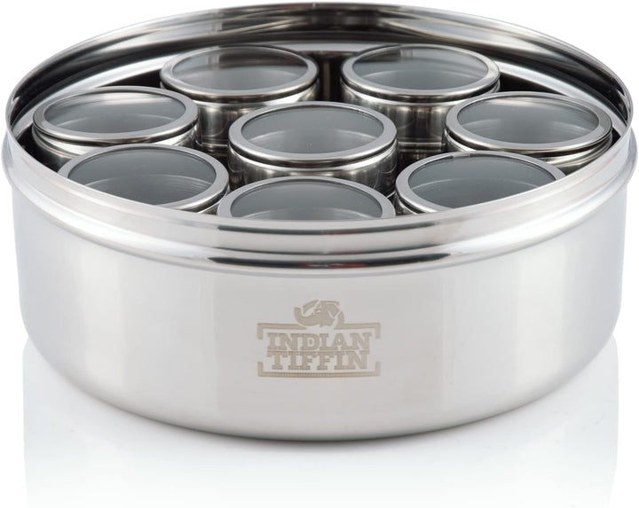 Indian-Tiffin Masala Dabba Luftdichter Gewürzbehälter - Lebensmittelqualität aus Edelstahl - mit Gew
