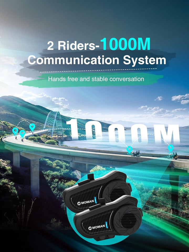 Moman Motorrad Intercom Headset, H2 Pro【1 Pack Carbonfaser】 Motorradhelm Gegensprechanlage Wireless