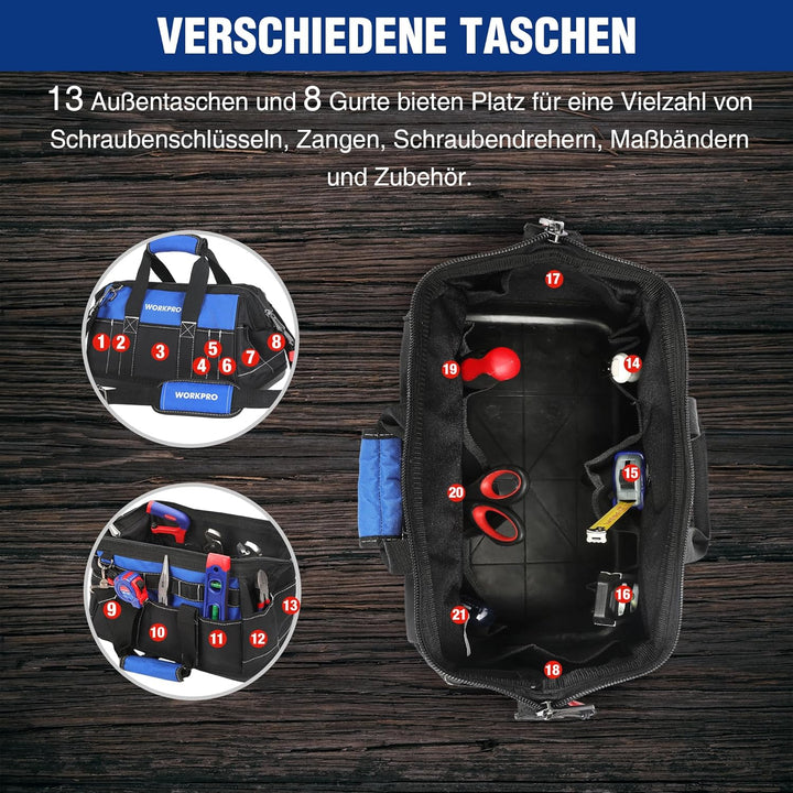 WORKPRO Werkzeugtasche Elektriker Wasserdichte Werkzeugtasche Profi, weite Öffnung & grosse Kapazitä