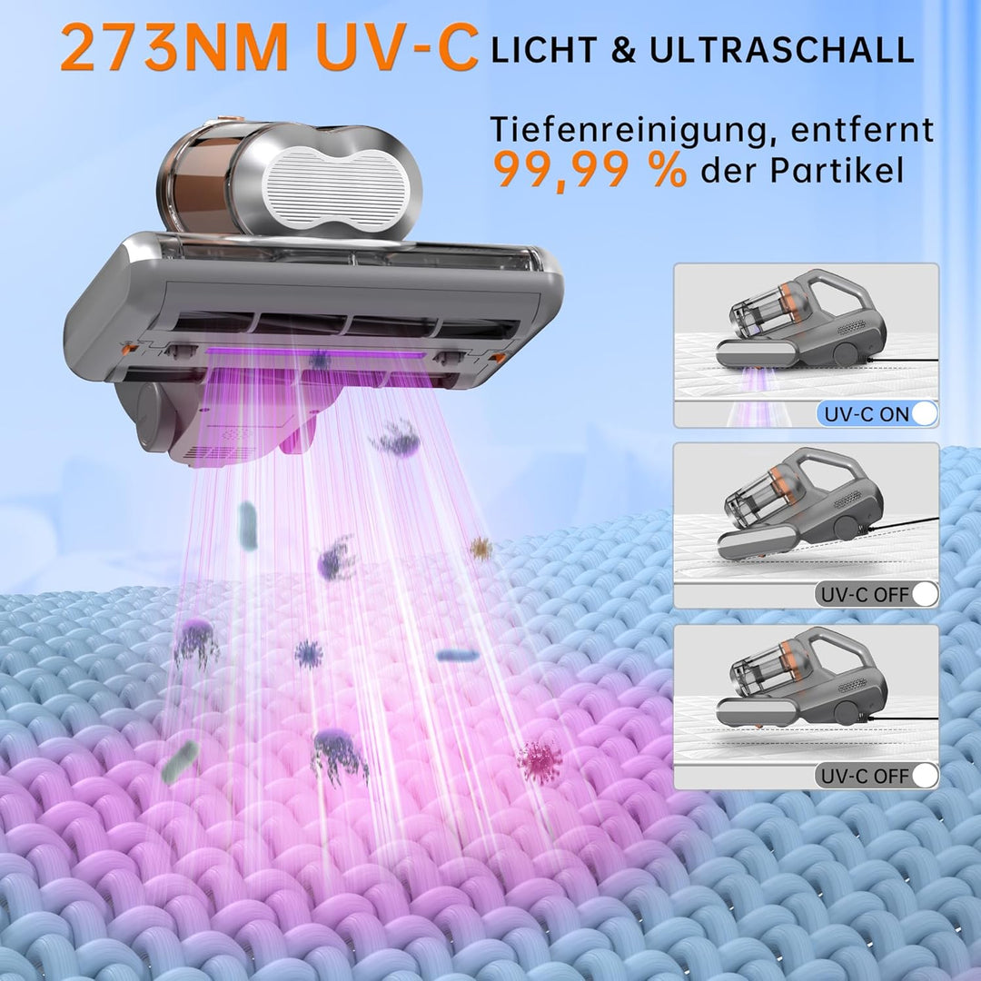 Milbensauger für Matratzen，16Kpa Milbensauger mit UV-Licht, Hochleistungs-Staubsauger | 99,9% Milben