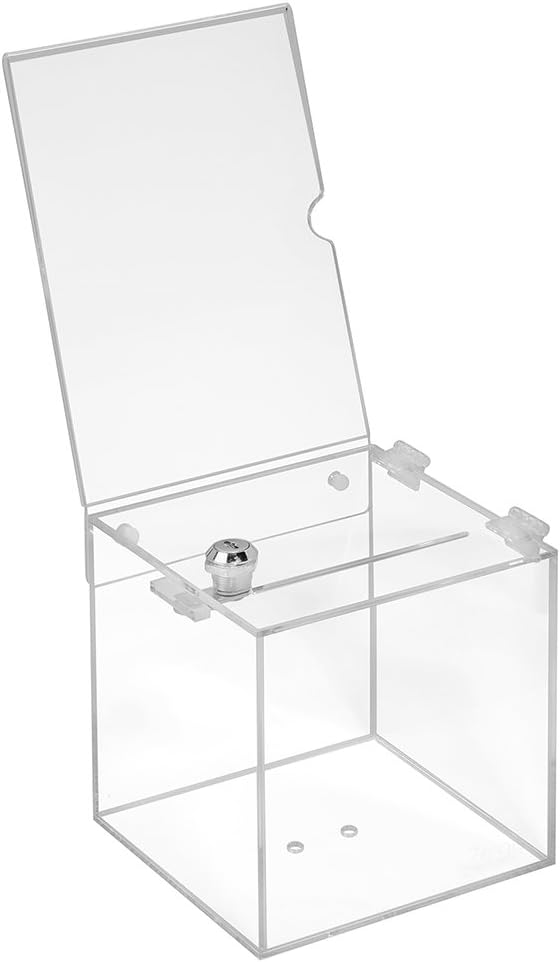 Losbox aus Acrylglas in 150x150x150mm mit Schloss und Topschild DIN A5 Hoch - Zeigis® / Spendenbox/A