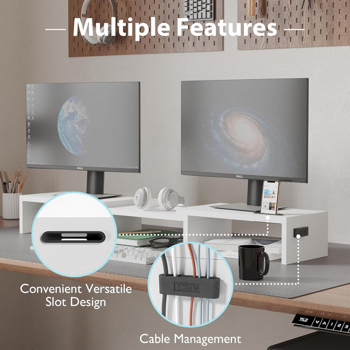 BONTEC Monitorständer Holz, Dual Monitor Stand Riser mit Handyhalter, Verstellbare Länge und Schwenk