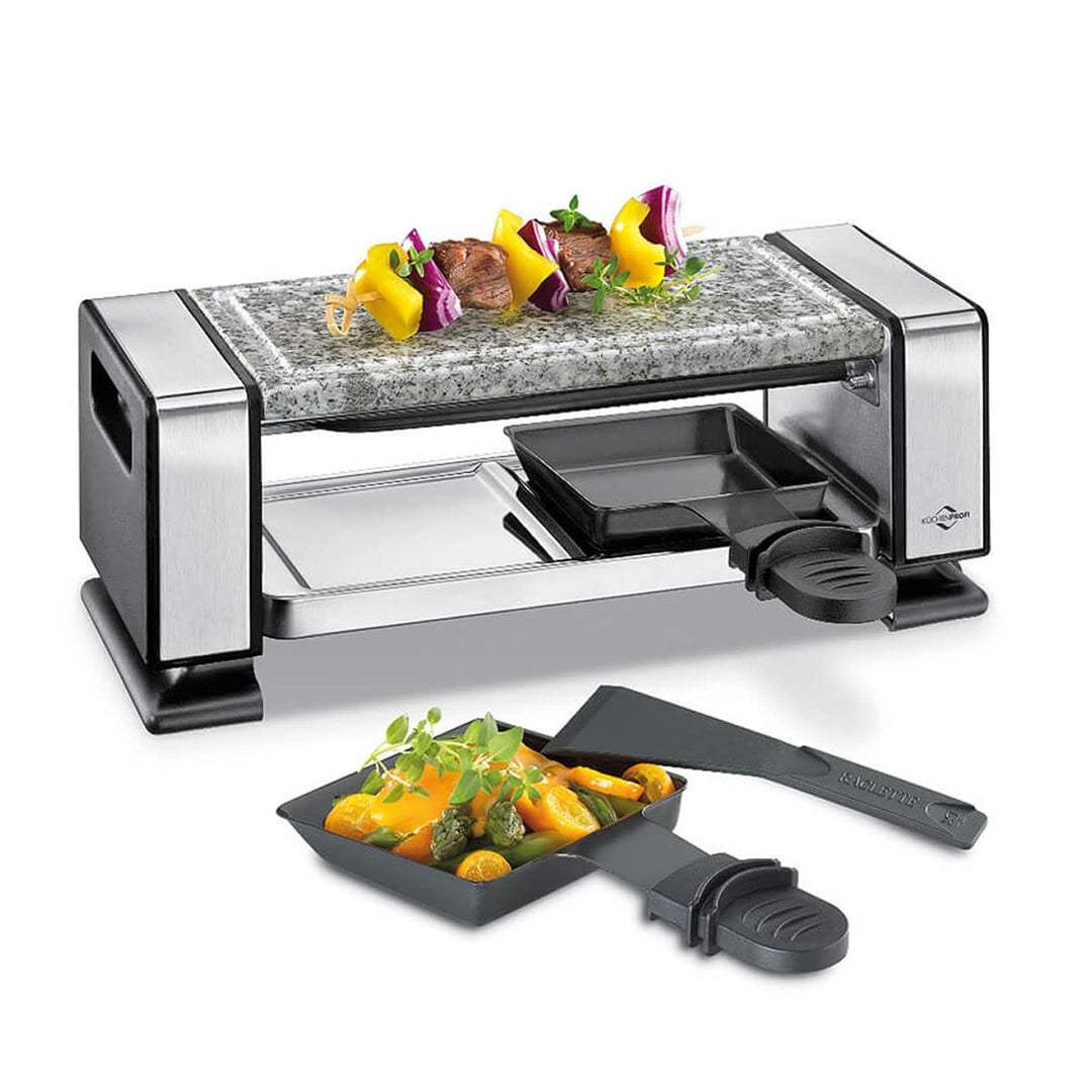 Küchenprofi Raclette VISTA2 | Edelstahl | Inkl. Steinplatte aus Marmor, 2 antihaftbeschichteten Racl