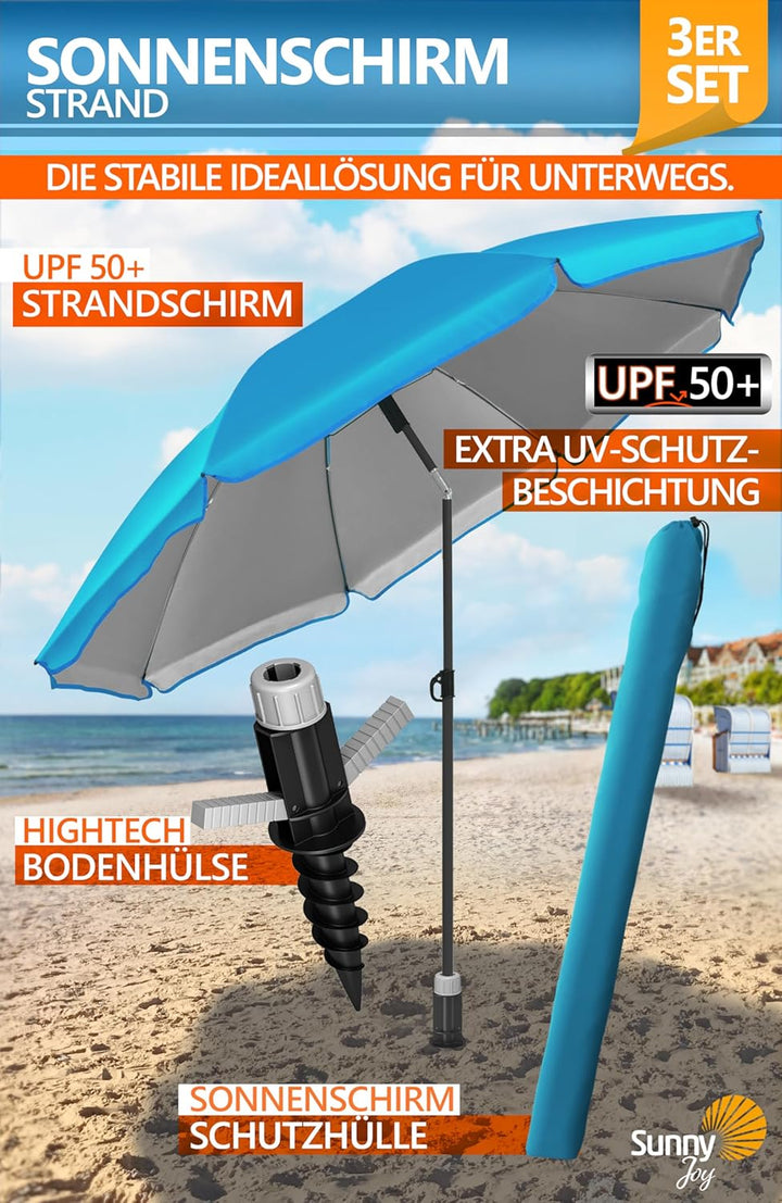 4smile Sonnenschirm Strand SunnyJoy, 3-in-1 SET, Blau - UPF 50+ Strandschirm Ø 180 cm + Sonnenschirm