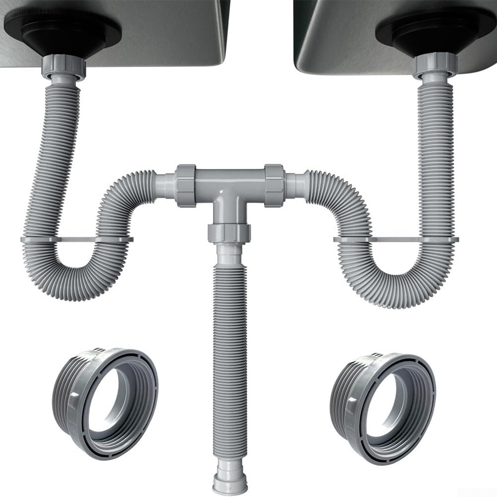 Verstellbares Doppel-Ablauf-Set, flexibles Abflussrohr, mit P-Trap-Design und Silikondichtungen für