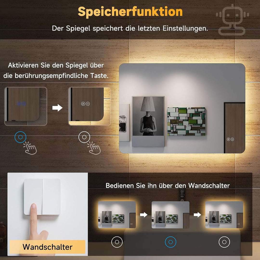 SONNI Badspiegel Lichtspiegel LED Spiegel Wandspiegel mit Touch-Schalter 70 x 50cm kaltweiss IP44 en