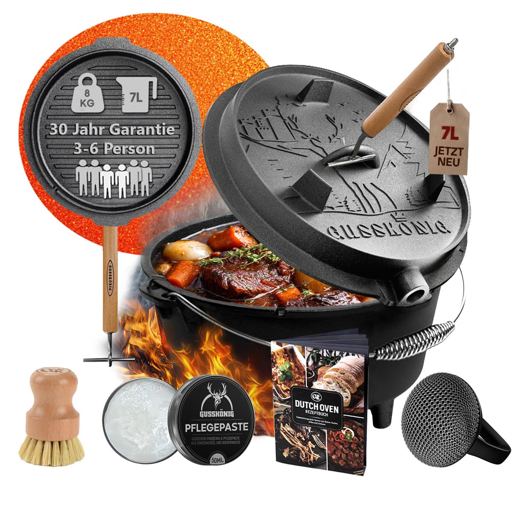 GUSSKÖNIG Dutch Oven Set–Eingebrannter Dutch Oven 7L [3-6 Person]-Feuertopf Gusseisen mit Füsse–Schm
