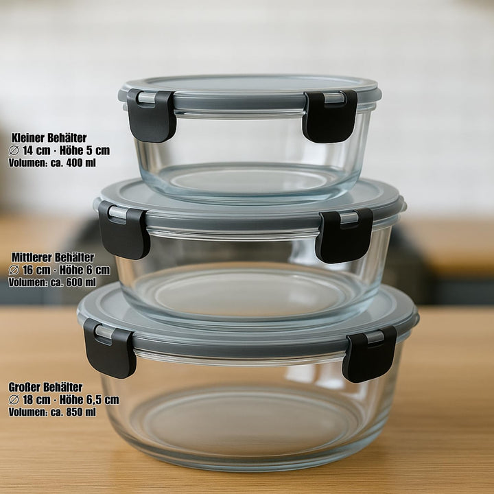 BigDean Glasbehälter mit Deckel in 3 Grössen - Mikrowellengeschirr Glas - Meal Prep Container - Rund