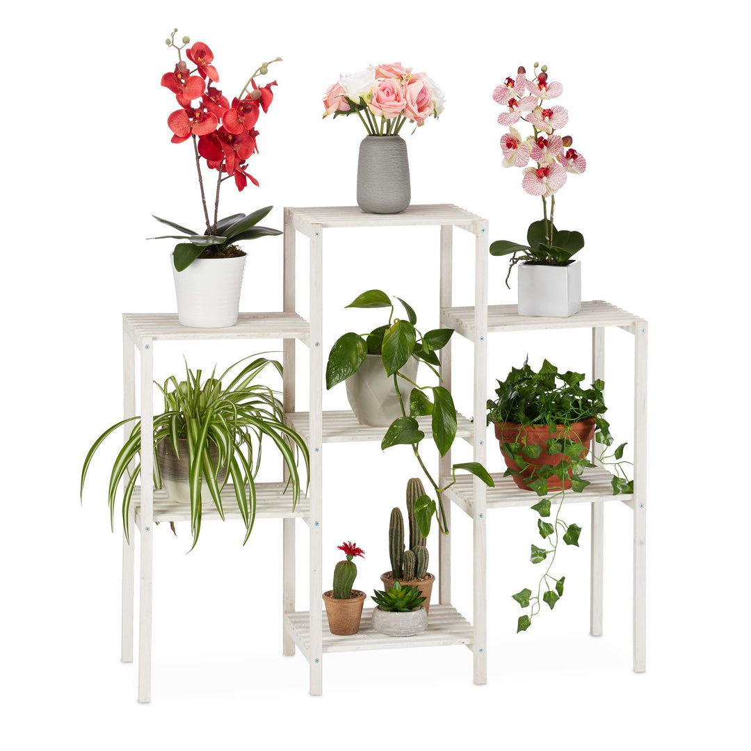Relaxdays Blumenregal Holz, 7 Ablagen f. Pflanzen, dekorative Blumentreppe f. Indoor, stehend, 86,5