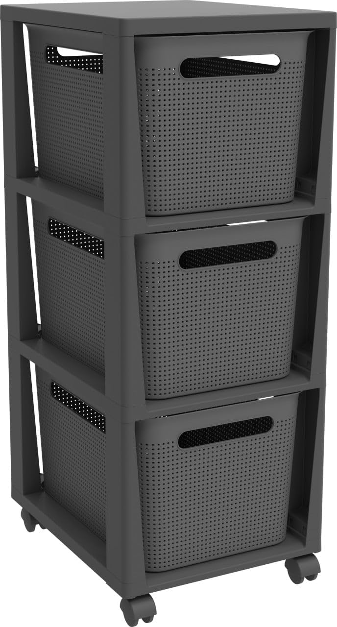 Rotho Brisen Rollcontainer mit 3 Schubladen, Kunststoff (PP recycelt), anthrazit, 3x16l (36,6 x 30,0