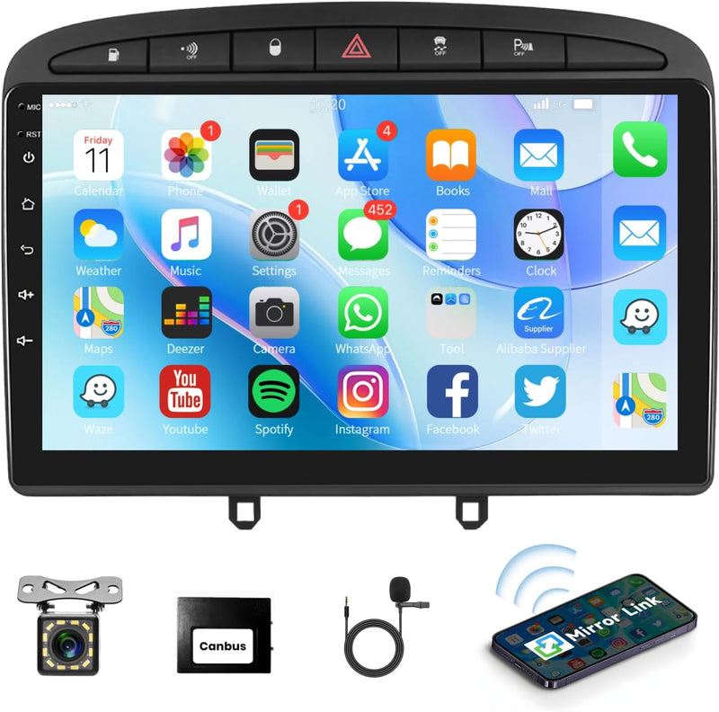 Podofo Android Autoradio GPS für Peugeot 308 408 2009-2013, 9" Touchscreen WiFi Bluetooth FM RDS Rad