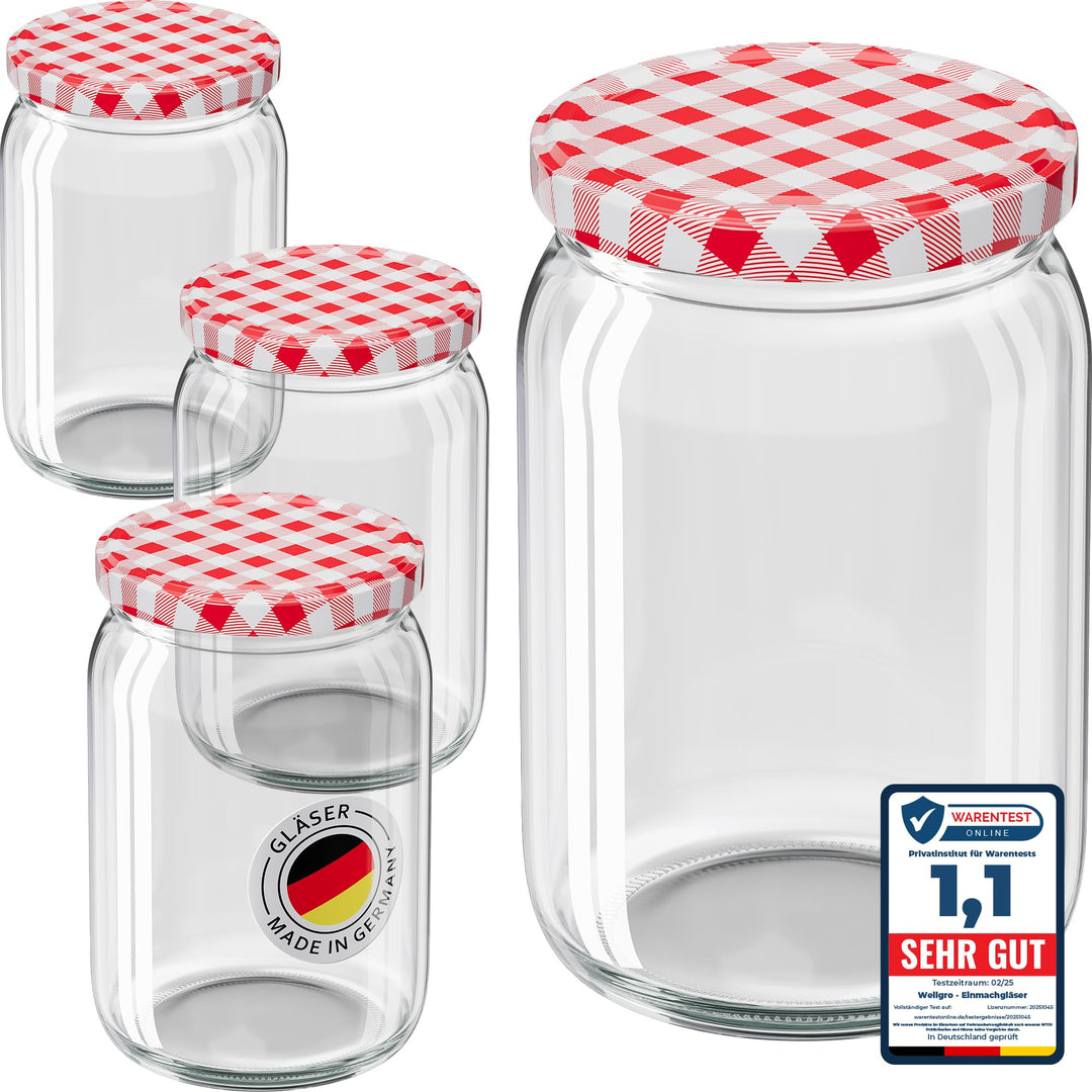 WELLGRO 12x Einmachgläser mit Schraubdeckel - 550ml - Deckel rot kariert To 82 - Made in Germany - V