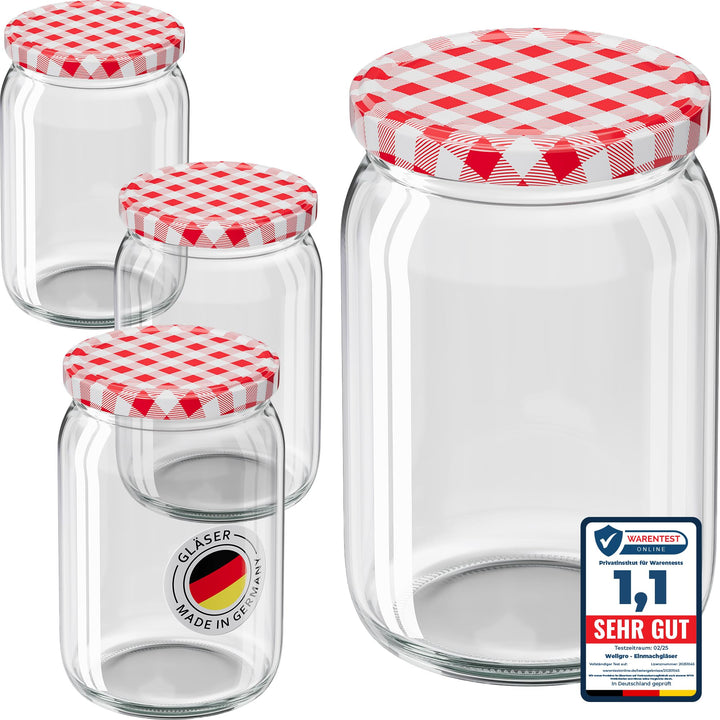 WELLGRO 25x Einmachgläser mit Schraubdeckel - 550ml - Deckel rot kariert To 82 - Made in Germany - V