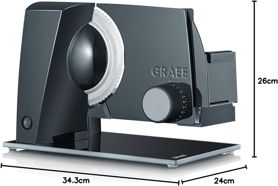 GRAEF Allesschneider STYLE S12002 Schwarz mit Glasbodenplatte, Edelstahl-Wellenschliffmesser, stufen