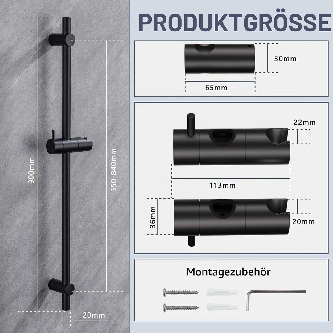 DETBOM Duschstange Schwarz 90cm, Edelstahl Brausestange mit Duschkopfhalterung 360°Drehbar,Duschstan