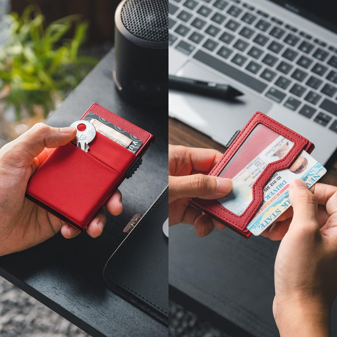 VULKIT Kreditkartenetui mit EDC-Fächern und Ausweisfenster, RFID-blockierende Pop Up Karten Geldbörs