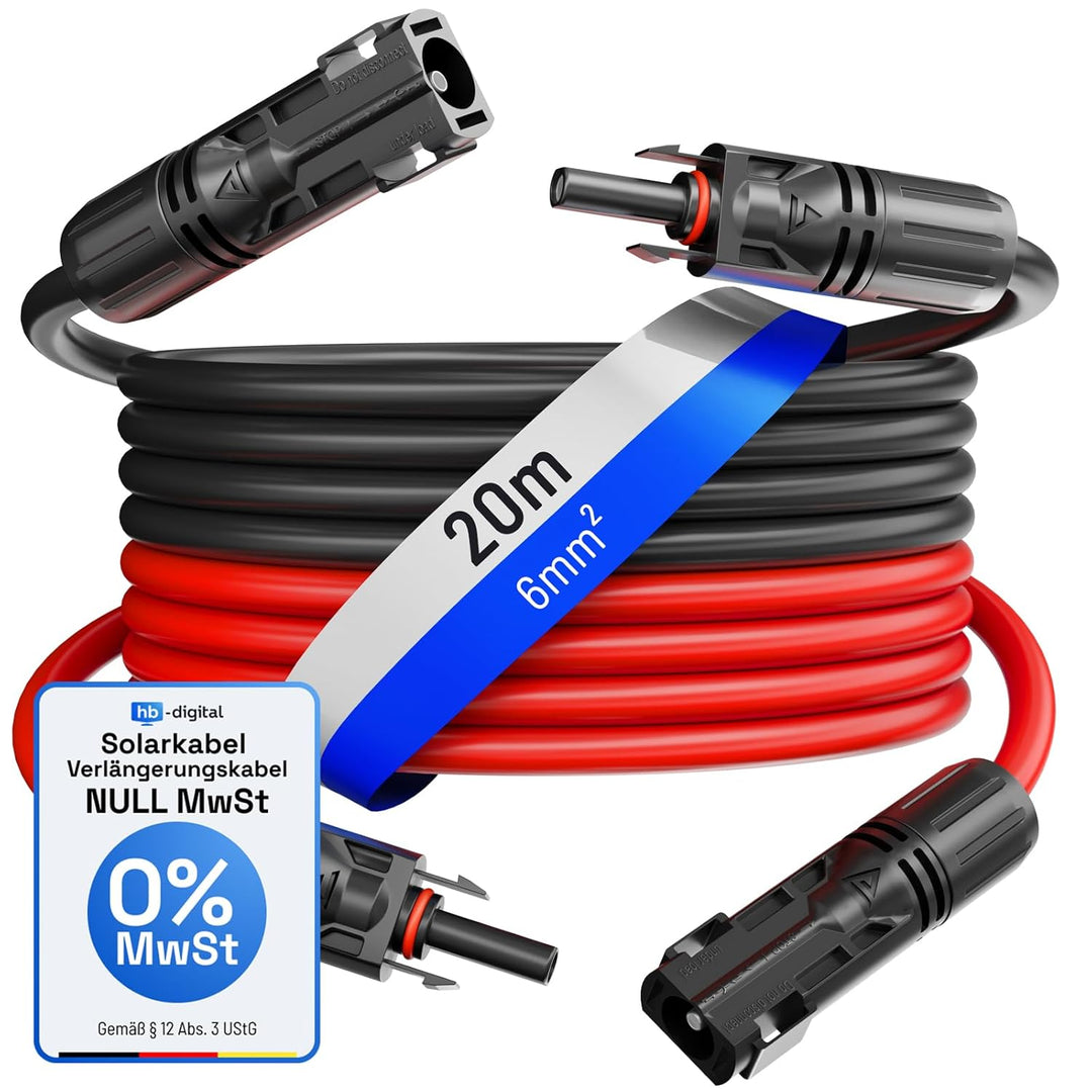 HB-DIGITAL 2x 20m 6mm² Solarkabel Verlängerungskabel Kabelpaar für Photovoltaik Anlagen H1Z2Z2-K mit