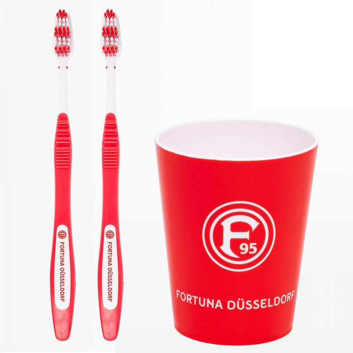 Fortuna Düsseldorf Zahnpflege Set (2 Zahnbürsten + 1 Zahnputzbecher) F95 Zahnputz-Set 3teilig (L)