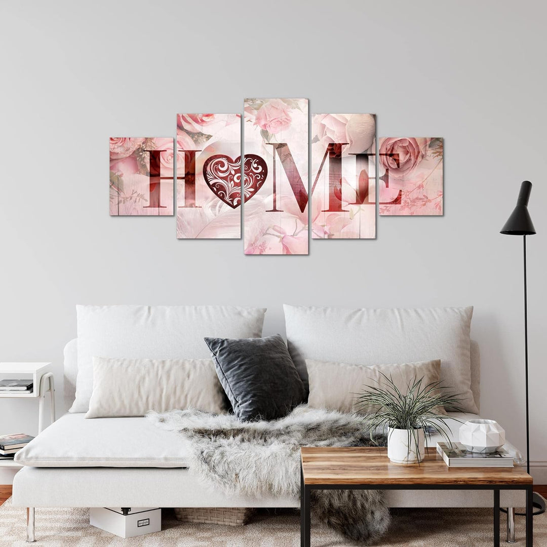 Runa Art Wandbilder Home Vintage 5 Teilig Bild auf Vlies Leinwand Deko Wohnzimmer Rosen Herz Rosa 03