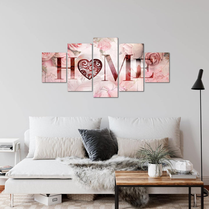 Runa Art Wandbilder Home Vintage 5 Teilig Bild auf Vlies Leinwand Deko Wohnzimmer Rosen Herz Rosa 03