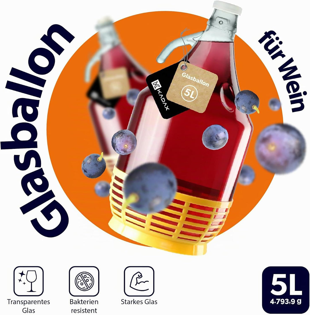KADAX Weinballon 5L, Glasballon für Wein, schmale Öffnung, Gärballon, Gallone, Gärbehälter, Flasche,