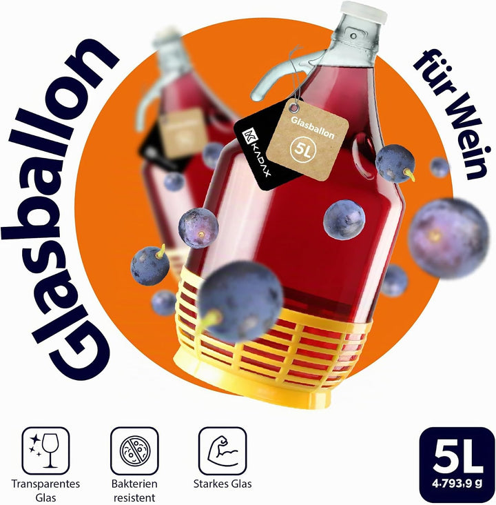 KADAX Weinballon 5L, Glasballon für Wein, schmale Öffnung, Gärballon, Gallone, Gärbehälter, Flasche,