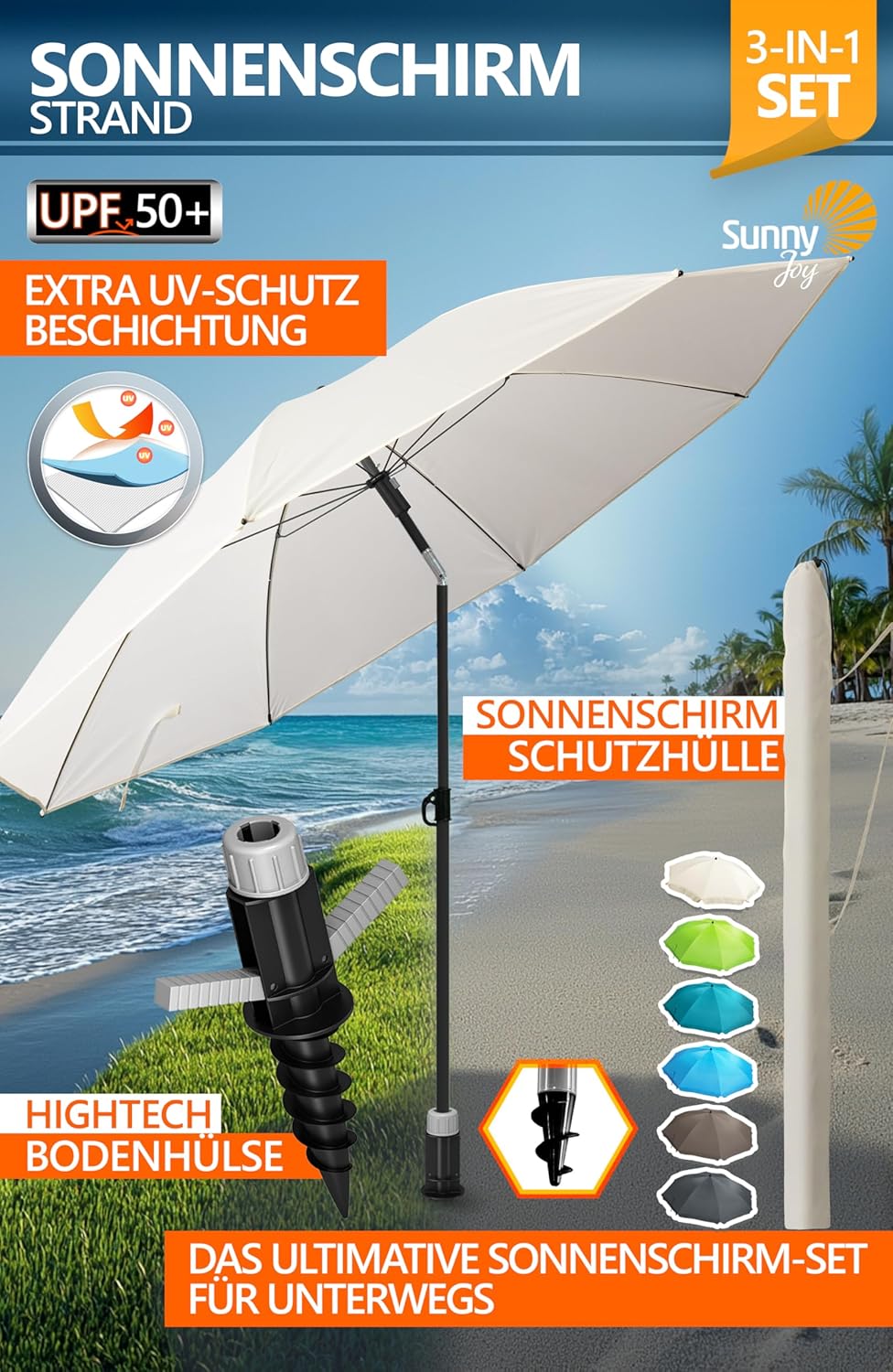 4smile Sonnenschirm Strand SunnyJoy, 3-IN-1 Set - UPF 50+ Strandschirm 160 cm + Sonnenschirm Schutzh