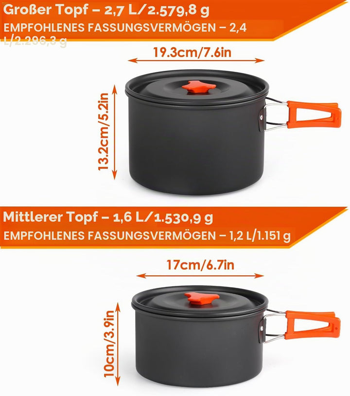 Gutsdoor Camping Geschirr Set 16 Teilig, Outdoor Kochgeschirr Set für 2-4 Personen, mit 2 Topfe, Koc