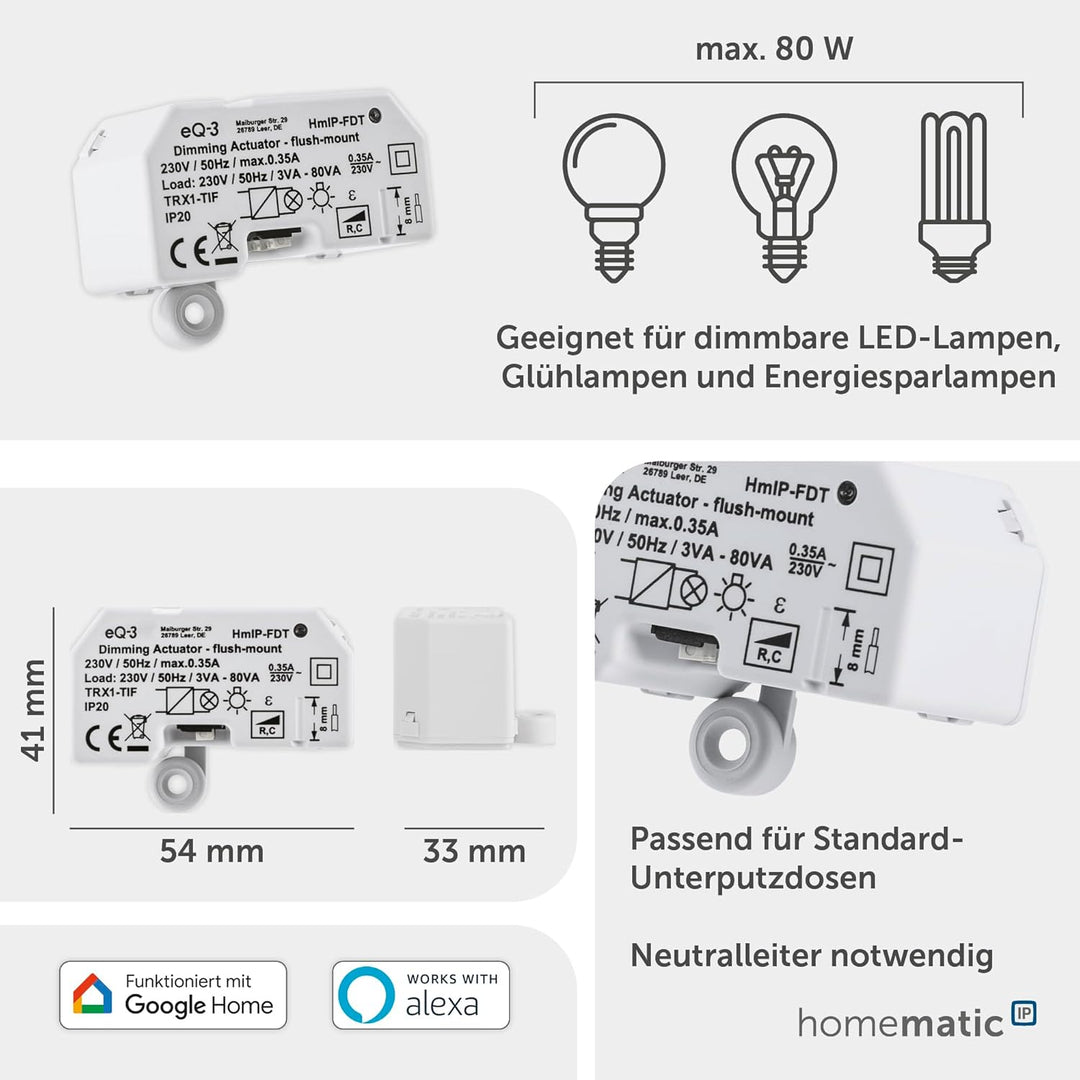 Homematic IP Smart Home Dimmaktor Unterputz – Phasenabschnitt, dimmt Leuchten per App, Alexa & Googl
