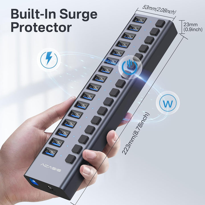 Powered USB 3.2 Hub, ACASIS 16 Ports USB 3.2 Hub mit 10Gbps Datenrate, Aluminiumgehäuse, USB Hub Pow