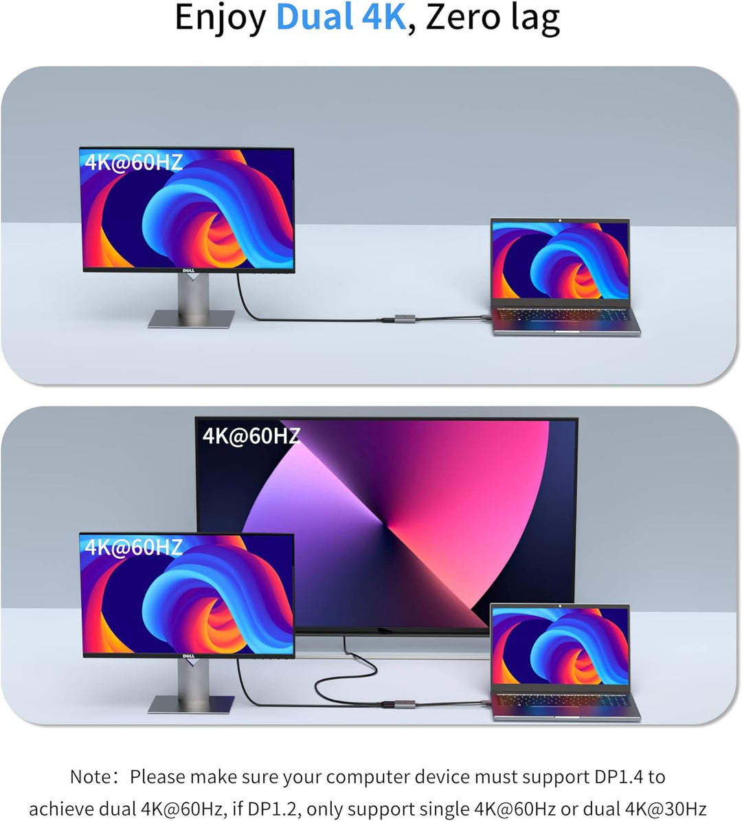 DisplayPort zu Dual DisplayPort Splitter Adapter 4K60Hz für Dual Monitor, MST DisplayPort Adapter er