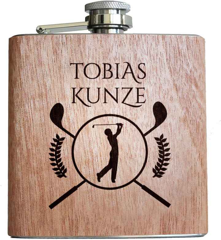 Pixelstudio Golf Holz Flachmann mit Gravur eigener Name persönlich Geschenk Golfer personalisiert Ge