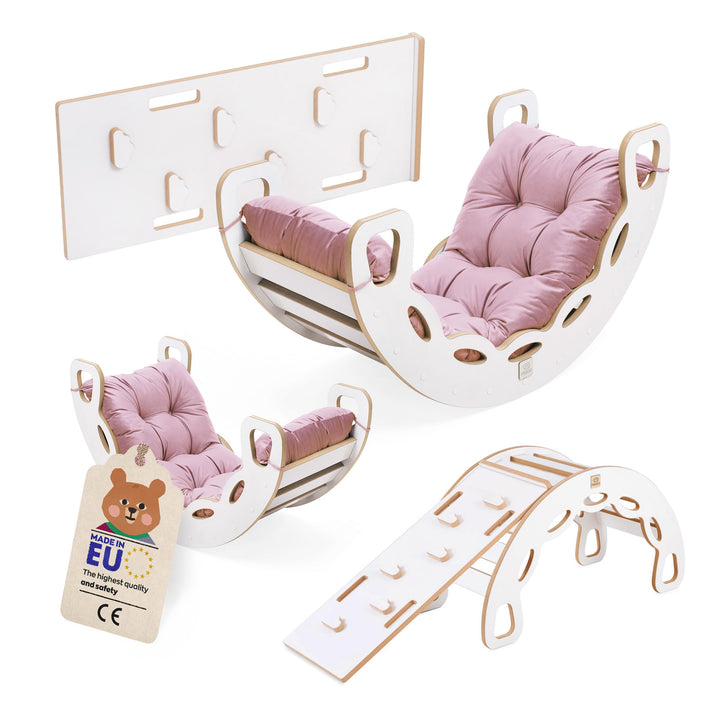 MISIOO Baby Wippe mit Spielbogen Holz für Kinder – Wippe Baby mit Kletterwand, Rutsche und Kissen Se