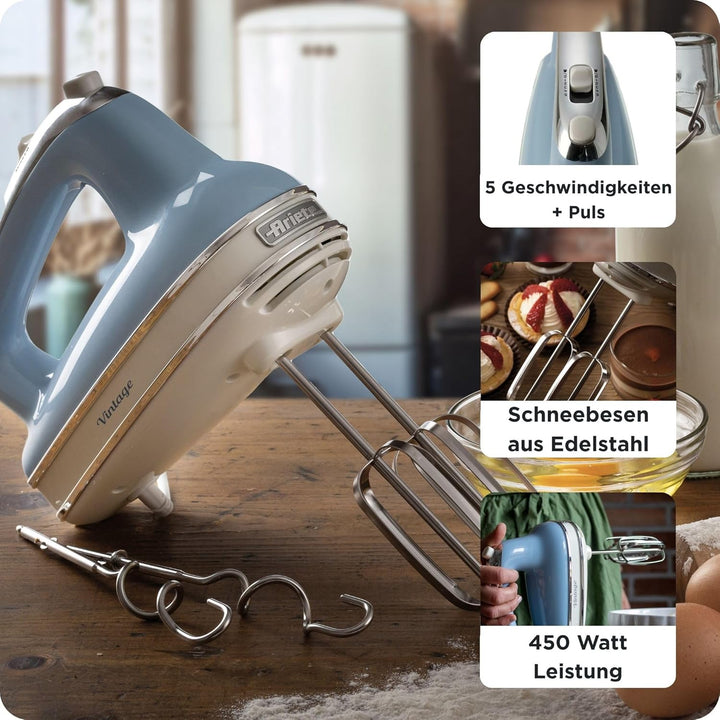 Ariete 1548 Handmixer Vintage, 450 W, 5 Geschwindigkeiten, Turbo-Funktion, 2 Schneebesen, hellblau