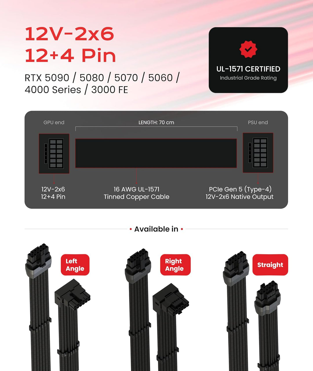 LINKUP - AVA 600W PCIE 5.0 16Pin (12+4) Hochstrom-Netzkabel┃Gepresster &amp; gelöteter Typ 16AWG ummante