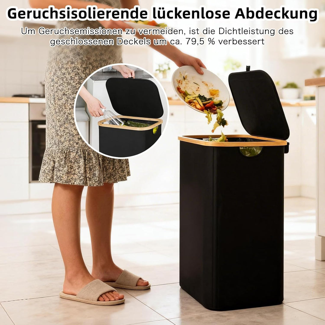 Gelber Sack Ständer 100L mit Deckel - Mülleimer für Gelbe Säcke, Bambusrahmen, Fester Stand & Klettv