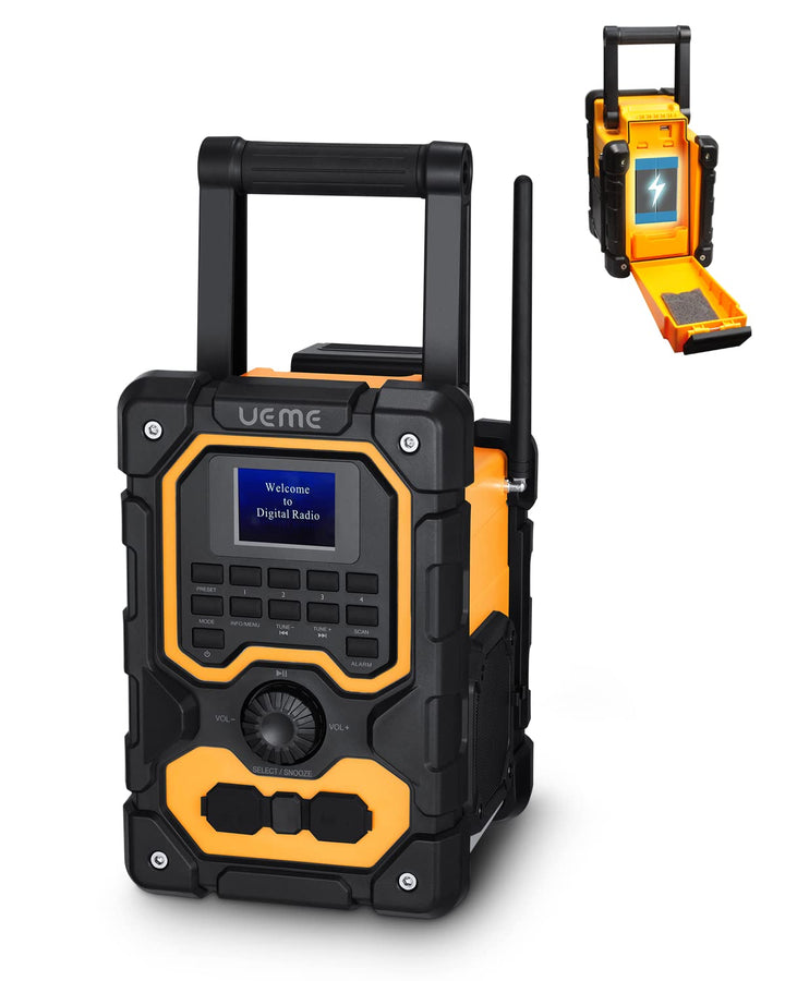 Baustellenradio Robustes DAB+ FM Radio mit Bluetooth, Ladestation, Aux Anschluss, Wiederaufladbarer