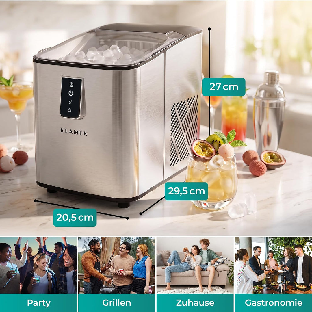 KLAMER Eiswürfelmaschine Edelstahl, 12 kg/24h, 8 Würfel in 8 Min, 1L | Geräuscharmer Kompressor, Tra