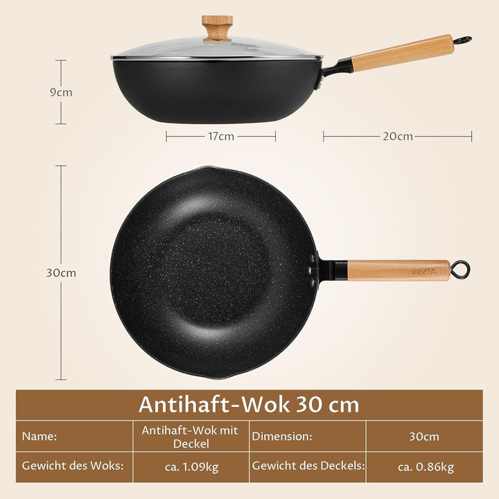 BEZIA Induktions Wok Pfanne mit Deckel, Antihaft-Wokpfanne 30 cm, Wok zum Braten mit Holzgriff, flac